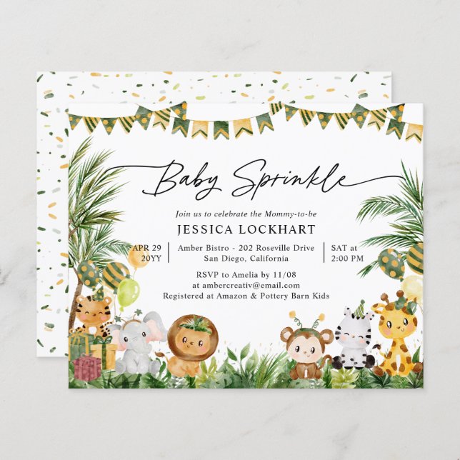 Papier Budget Animaux sauvages Baby Sprinkle Invitation (Devant / Derrière)