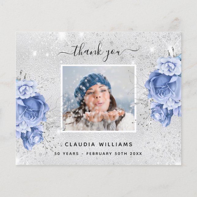 Papier Budget anniversaire argent bleu photo merci (Dos)