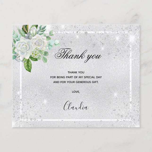 Papier Budget anniversaire argent floral photo merci (Devant)