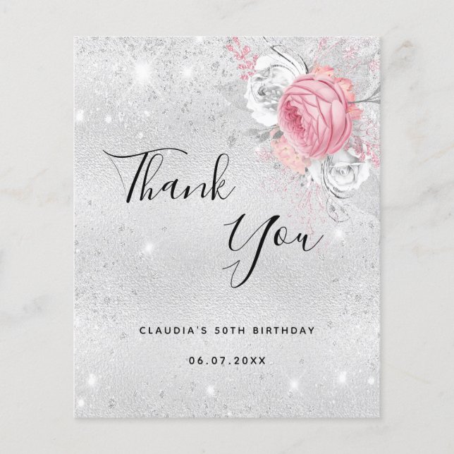 Papier Budget anniversaire argent rose floraux merci (Devant)