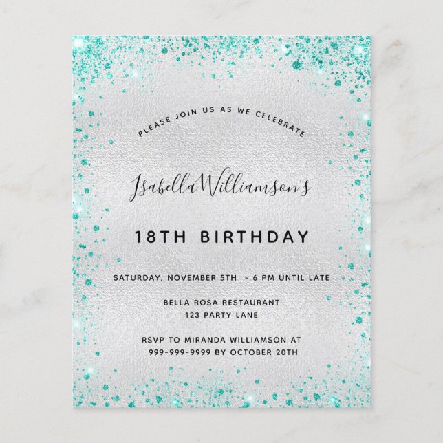 Papier Budget anniversaire argent turquoise parties scint (Devant)