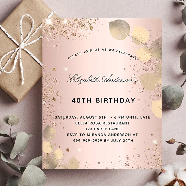 Papier Budget anniversaire blush eucalyptus or invitation (Créateur téléchargé)