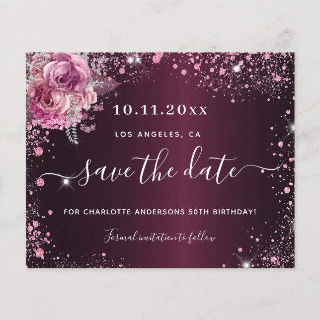 Papier Budget anniversaire bordeaux rose floral enregistr (Devant)