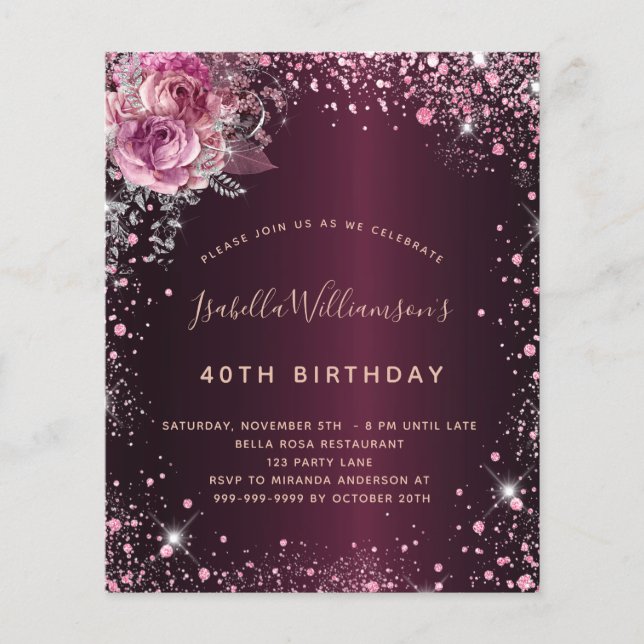 Papier Budget anniversaire bourgogne parties scintillant  (Devant)