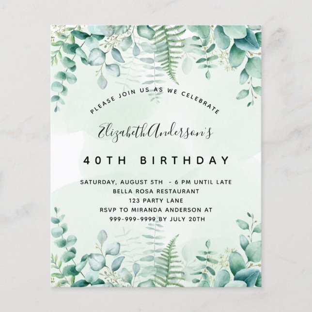 Papier Budget anniversaire eucalyptus invitation verte (Devant)