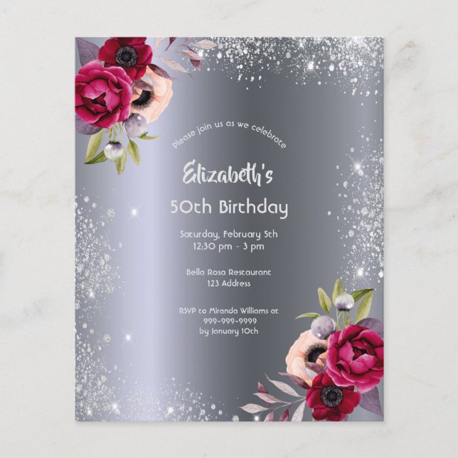 Papier Budget anniversaire fête argent floral invitation (Devant)