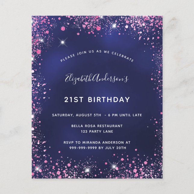Papier Budget anniversaire fête marine bleu rose invitati (Devant)