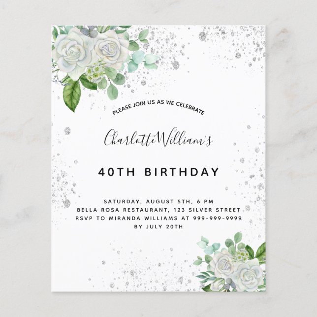 Papier Budget anniversaire floral argent parties scintill (Devant)