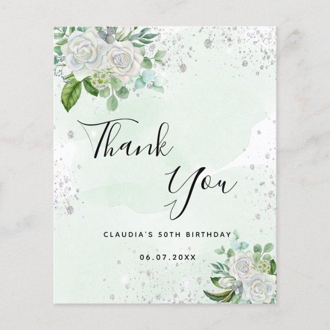 Papier Budget anniversaire floral argent verdure merci (Devant)