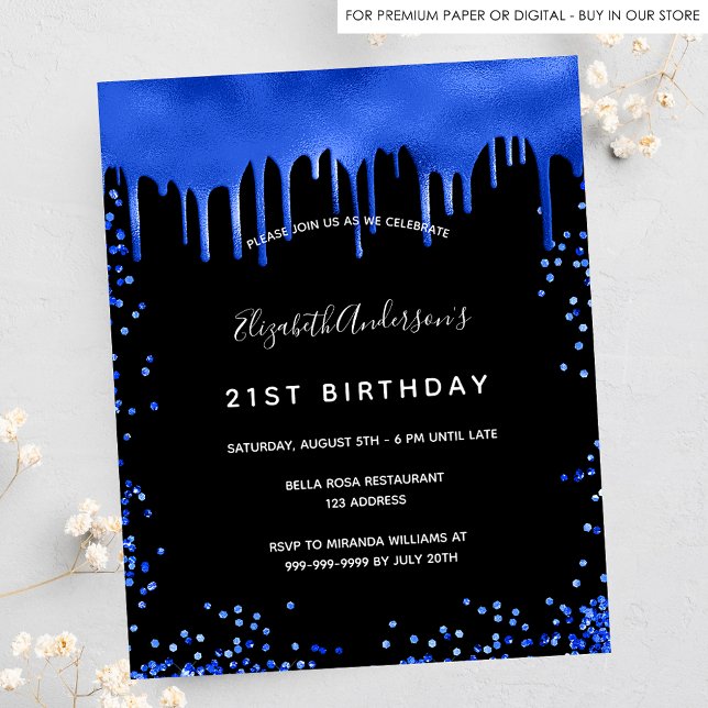 Papier Budget anniversaire noir bleu royal invitation (Créateur téléchargé)