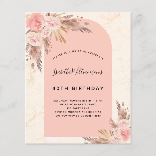 Papier Budget anniversaire pampas herbe rose or rose blus (Devant)