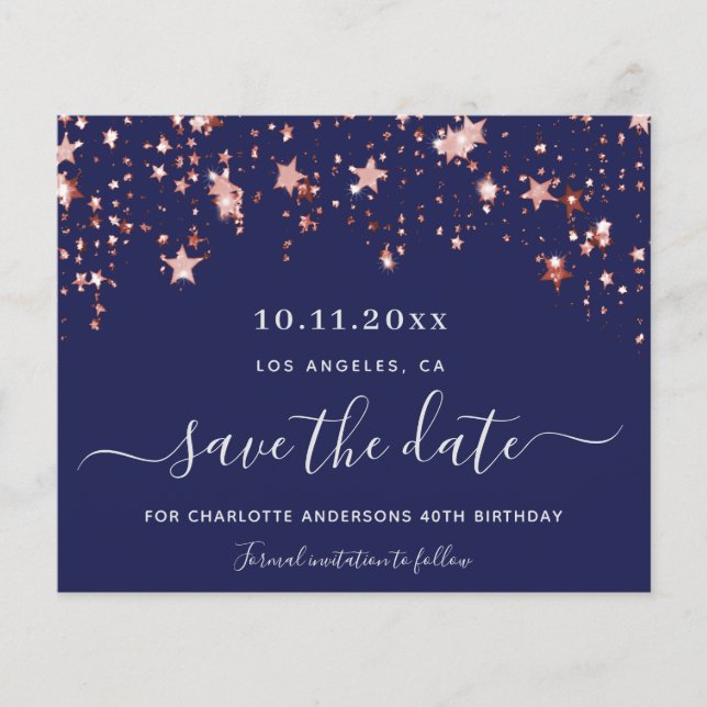 Papier Budget anniversaire rose bleu marine Save the Date (Devant)