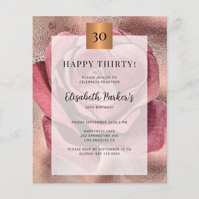 Papier Budget anniversaire rose or invitation (Devant)