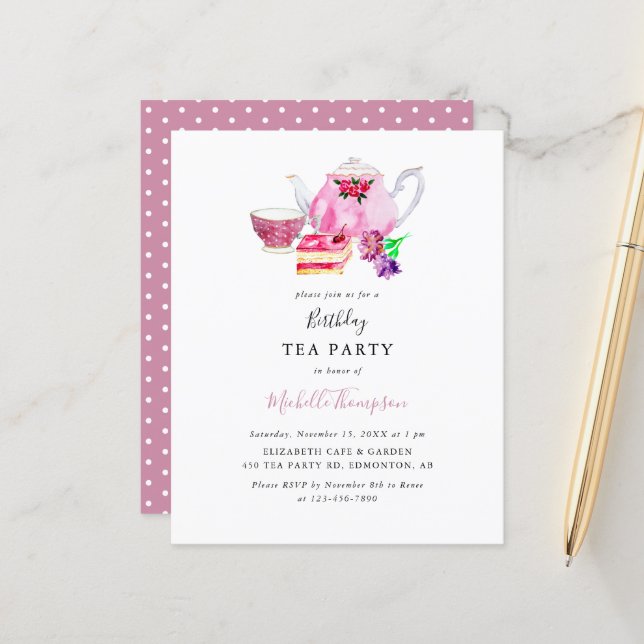 Papier Budget Anniversaire Tea Party Pink Teapot Script (Devant/Arrière en situation)