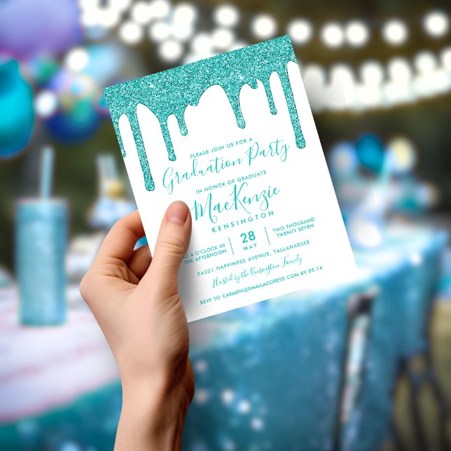 Papier BUDGET Aqua Parties scintillant Turquoise Drives G (BUDGET Aqua Teal Glitter Drips Graduation Party Invitation)