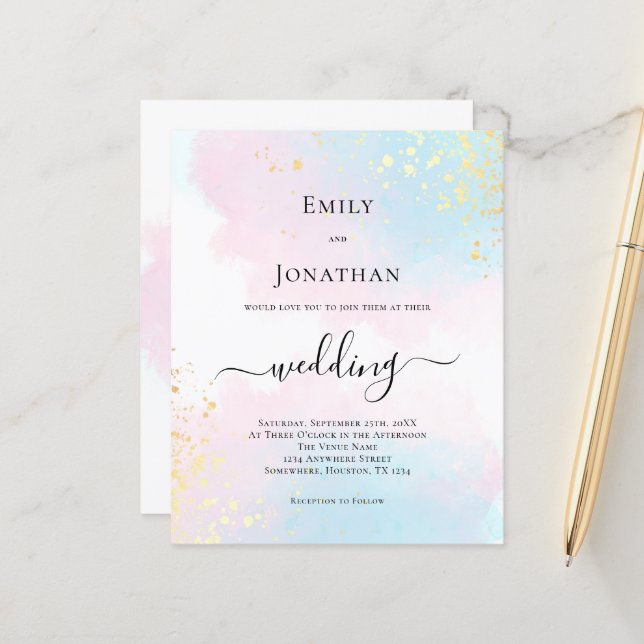 Papier Budget Aquarelle bleu rose Faire-part de mariage (Devant/Arrière en situation)