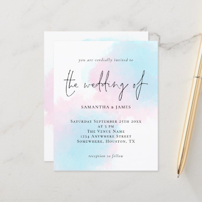 Papier Budget Aquarelle bleu rose Faire-part de mariage (Devant/Arrière en situation)