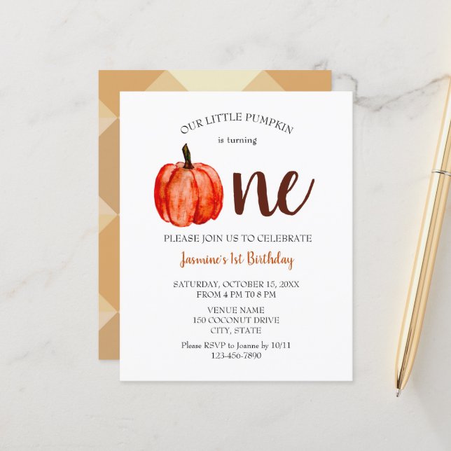 Papier Budget Aquarelle Citrouille premier anniversaire a (Devant/Arrière en situation)