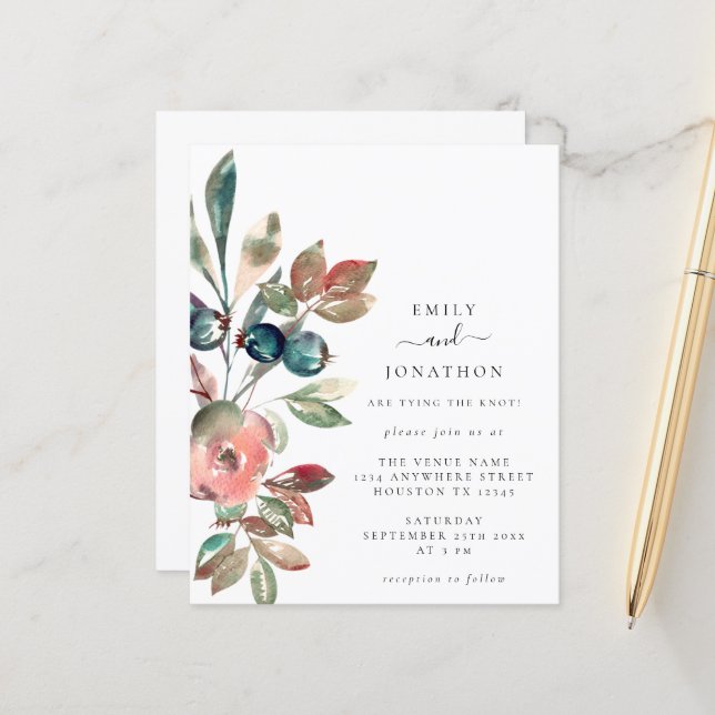 Papier Budget Aquarelle Faire-part de mariage de fleurs r (Devant/Arrière en situation)