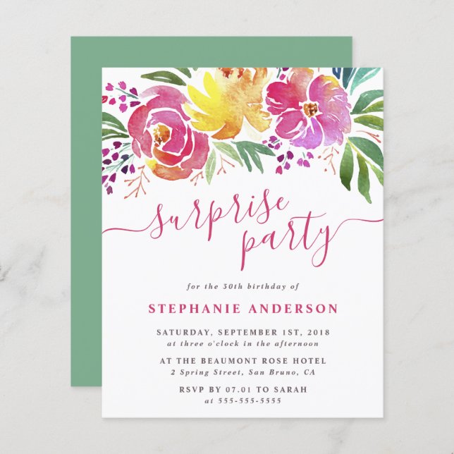 Papier Budget Aquarelle Fleurs Script Surprise Party (Devant / Derrière)