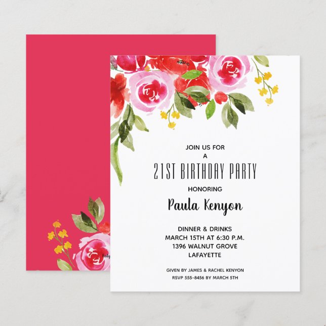 Papier Budget Aquarelle Florale Invitations d'anniversair (Devant / Derrière)