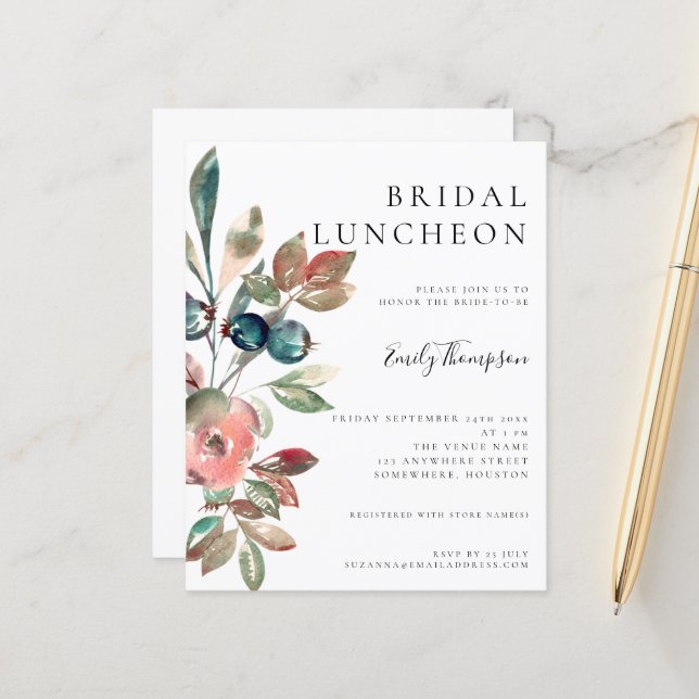 Papier Budget Aquarelle Florals Invitation de déjeuner nu (Devant/Arrière en situation)