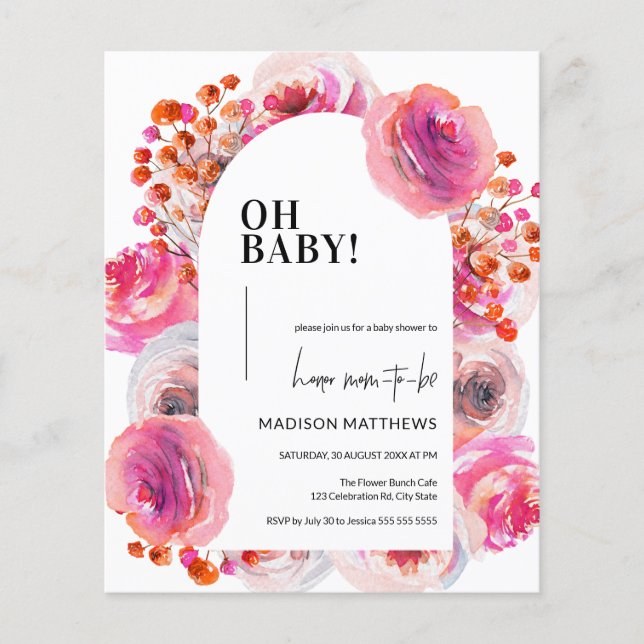 Papier Budget Aquarelle rose Arche Florale Oh Baby shower (Devant)