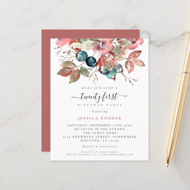 Papier Budget Aquarelle rose Floral 21e anniversaire Invi (Devant/Arrière en situation)