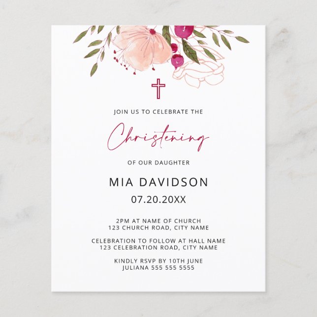Papier Budget Aquarelle rose Floral Fille Christening (Devant)