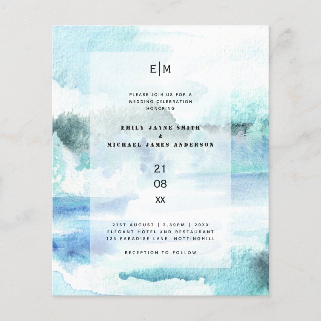 Papier Budget Aquarelle Turquoise Aqua Beach Invitations  (Devant)