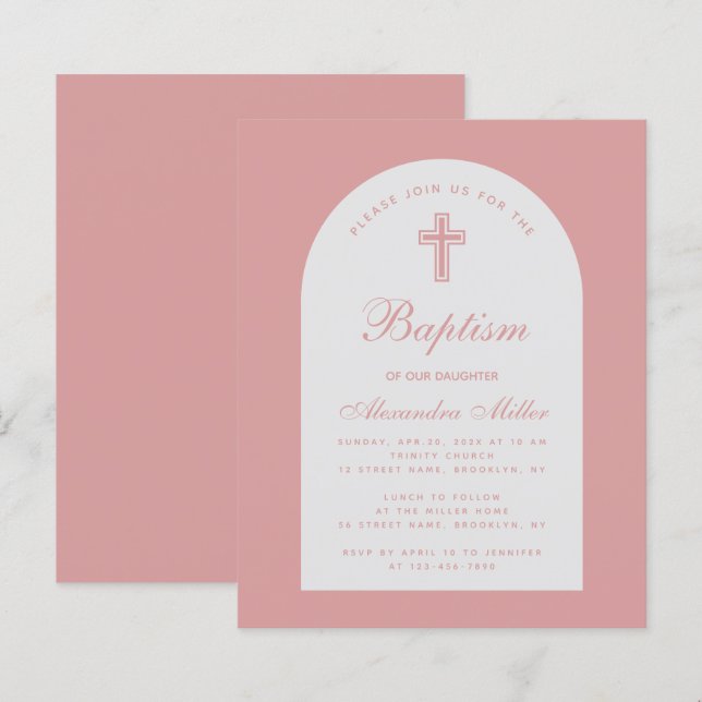 Papier Budget Arc Dusty Rose Girl Baptême Invitation (Devant / Derrière)