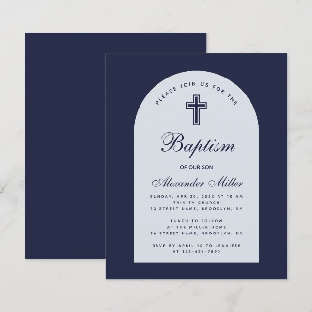 Papier Budget Arc Marine Bleu Boy Baptême Invitation (Devant / Derrière)