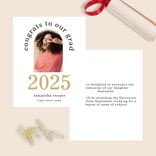 Papier Budget Arch Photo 2025 Grad White Faire-part (front and back view)