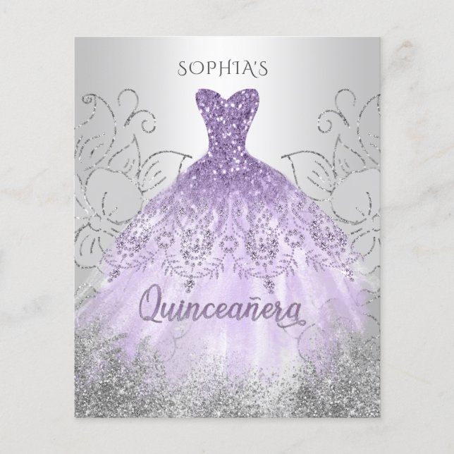Papier Budget Argent Robe violette Quinceañera Invitation (Devant)