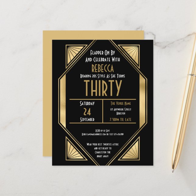 Papier Budget Art déco 30e anniversaire Gold Invitation n (Devant/Arrière en situation)