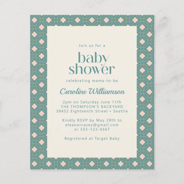 Papier Budget Art déco Baby shower géométrique Turquoise  (Devant)
