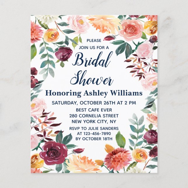 Papier Budget Automne Boho Floral Bridal Shower Invitatio (Devant)