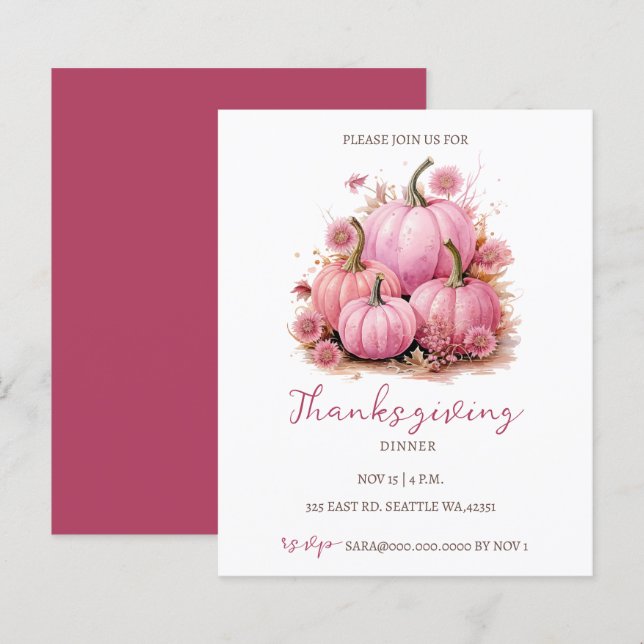 Papier Budget Automne Citrouilles Rose Thanksgiving Invit (Devant / Derrière)