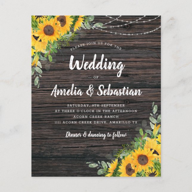 Papier BUDGET Automne Faire-part de mariage de tournesol  (Devant)