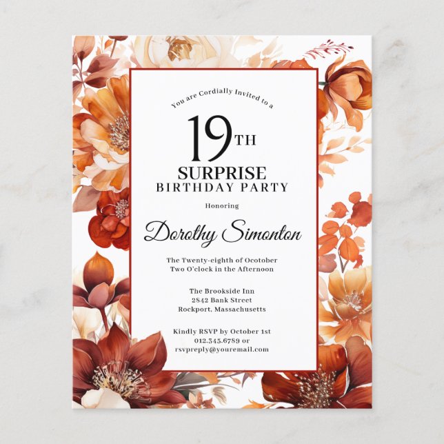 Papier Budget Automne Fleurs 19e Invitation surprise Anni (Devant)