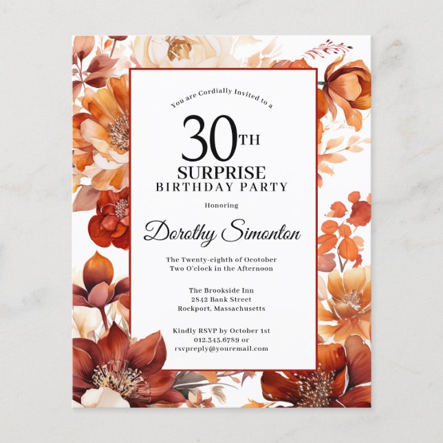Papier Budget Automne Fleurs 30e Invitation surprise Anni (Devant)