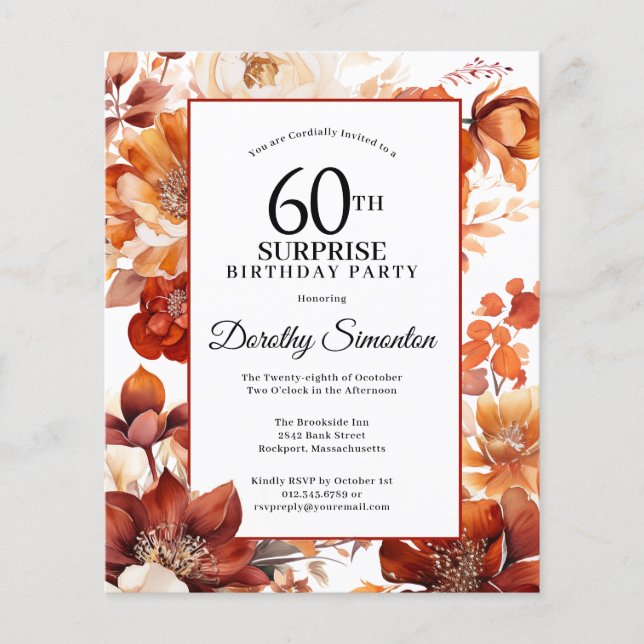 Papier Budget Automne Fleurs 60e Invitation surprise Anni (Devant)