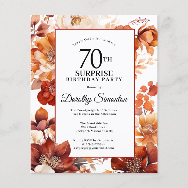Papier Budget Automne Fleurs 70e Invitation surprise Anni (Devant)