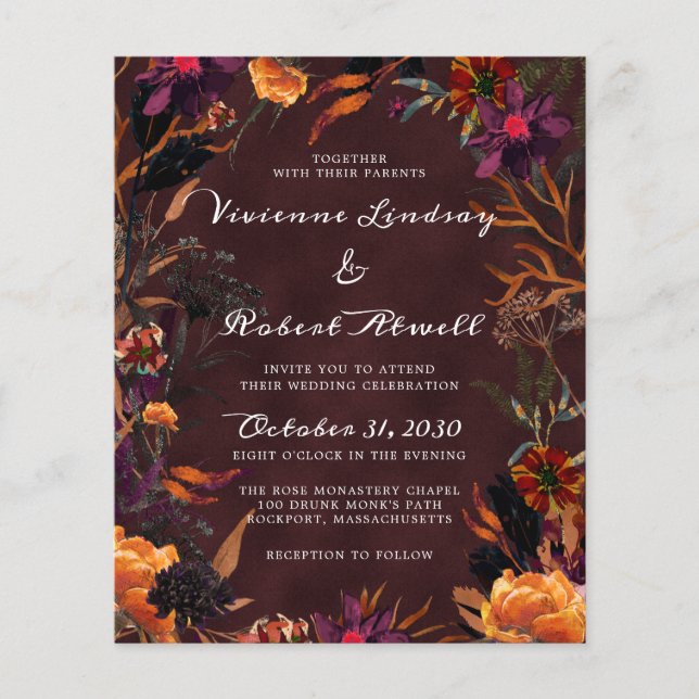 Papier Budget Automne Floral Bourgogne Faire-part de mari (Devant)