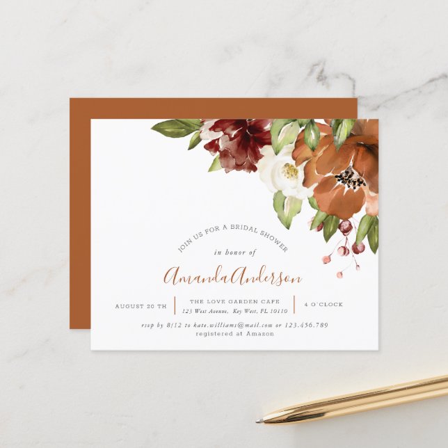 Papier Budget Automne Floral Orange Fête des mariées Invi (Devant/Arrière en situation)