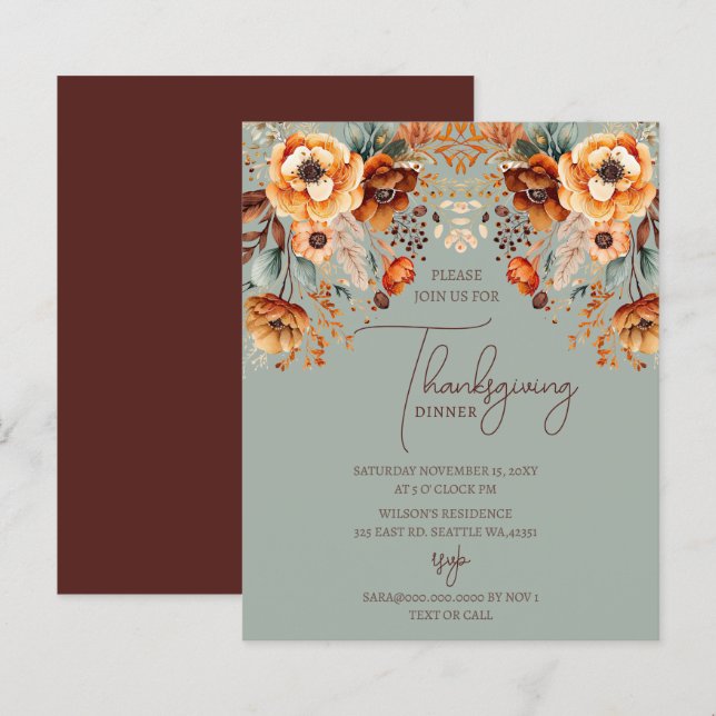 Papier Budget Automne Floral Thanksgiving Dîner Invitatio (Devant / Derrière)