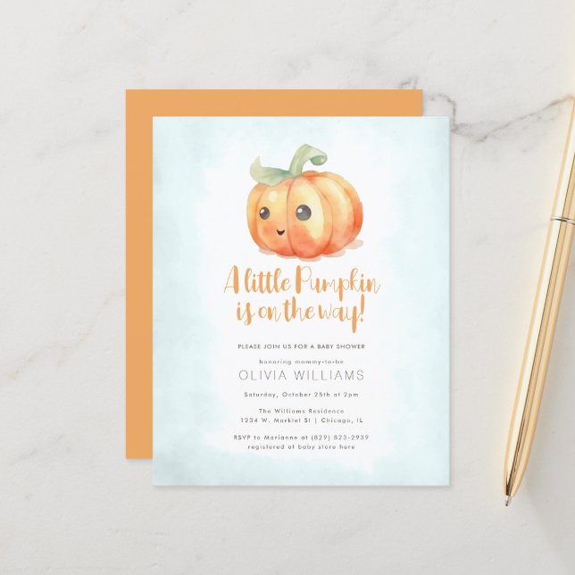 Papier Budget Automne Petit Citrouille Baby shower garçon (Devant/Arrière en situation)