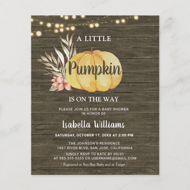 Papier Budget Automne Rustique Citrouille de bois Baby sh (Devant)