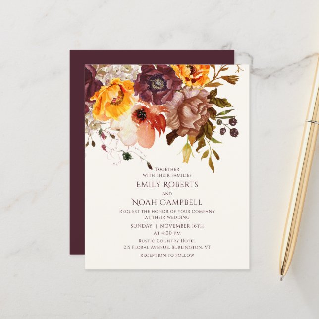 Papier Budget Automne Rustique Plum Orange Floral Mariage (Devant/Arrière en situation)