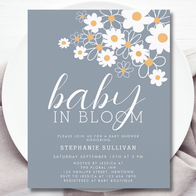 Papier Budget Baby In Bloom Blue Baby shower Invitation (Créateur téléchargé)